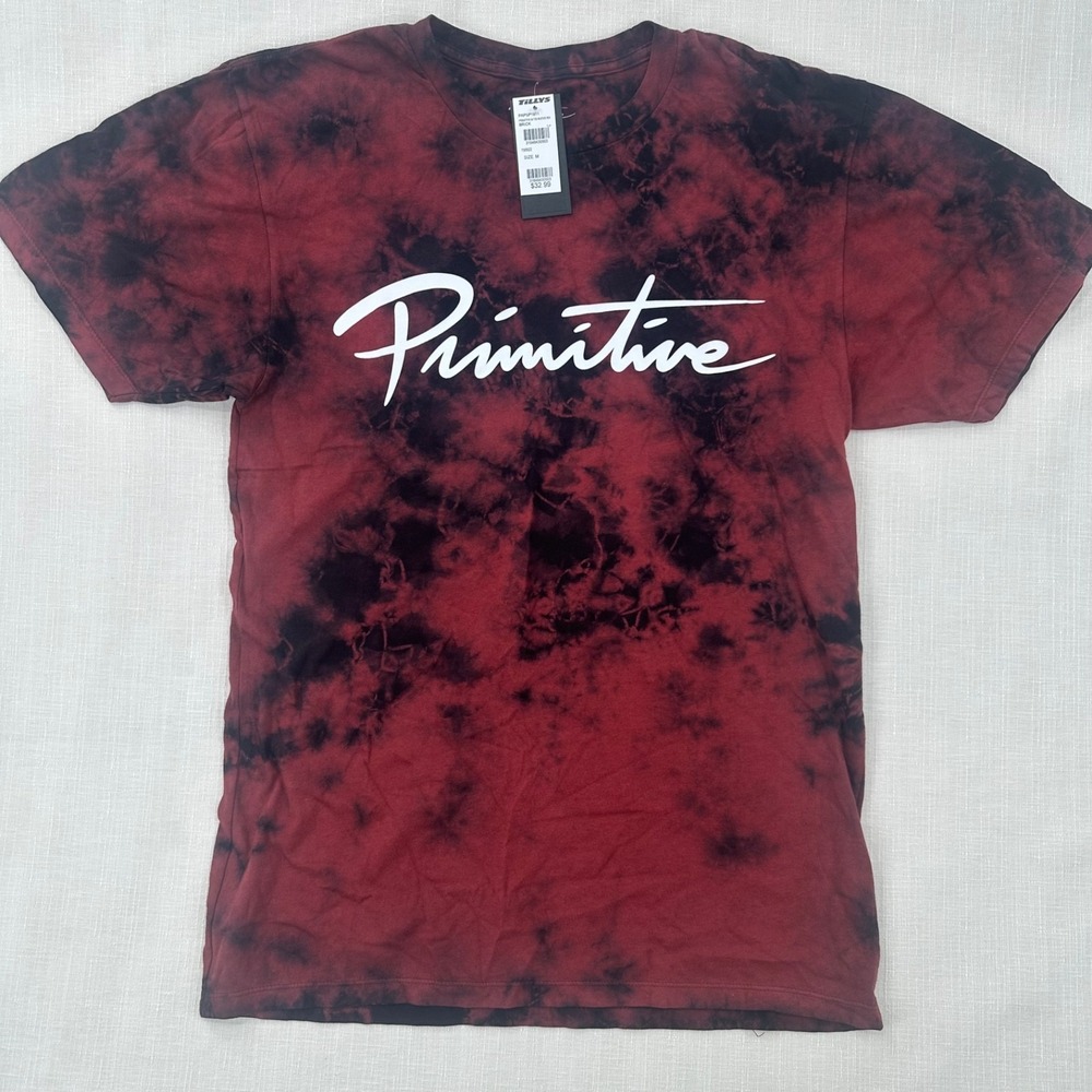 Primitive Skateboarding Nuevo Script Tie Dye T-Shirt Men's Size M Brick Red Blac